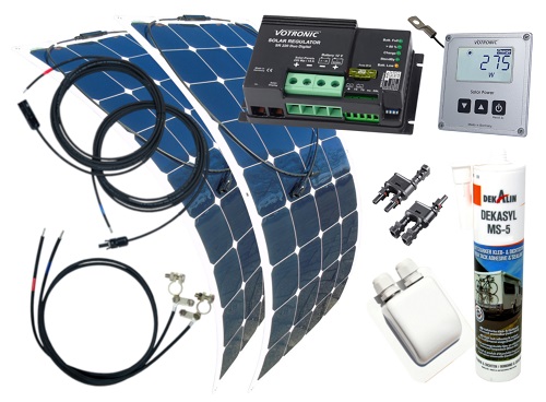 200 Watt Flexi Wohnmobil Camping Solaranlage mit Votronic Laderegler, Temperatursensor, Computer S und EBL Kabelsatz, 12 Volt Set